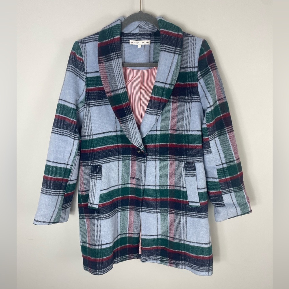 English Factory Pea Coat Plaid Women’s Small Blue Multicolor Wool Blend